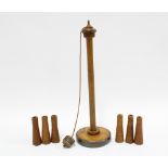 Late 19th / early 20th century turned wood table / bar top skittles games with swinging stand and