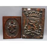 Faux oak heraldic plaque and a smaller wooden plaque 45 x 34cm. (2)