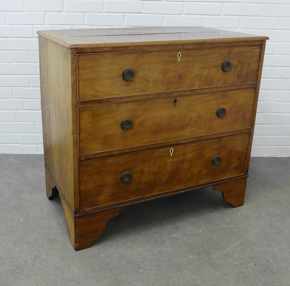 George III mahogany chest, the rectangular top with a three quarter border veneer, over three long