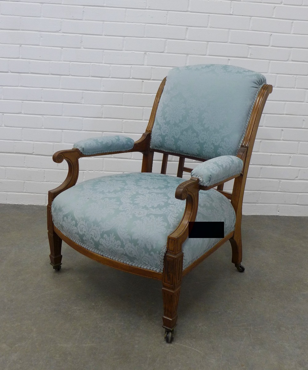 Late 19th / early 20th century mahogany framed armchair with pale blue damask upholstery, with