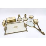 Vintage dressing table brush set with candlesticks, trinket box and powder jsrs, etc