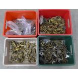 Architectural salvage - four boxes of brass and other hardware, including coat hooks, curtain rings,