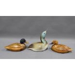 David and Penny woodley pottery duck and two wooden ducks 23 x 25cm. (3)