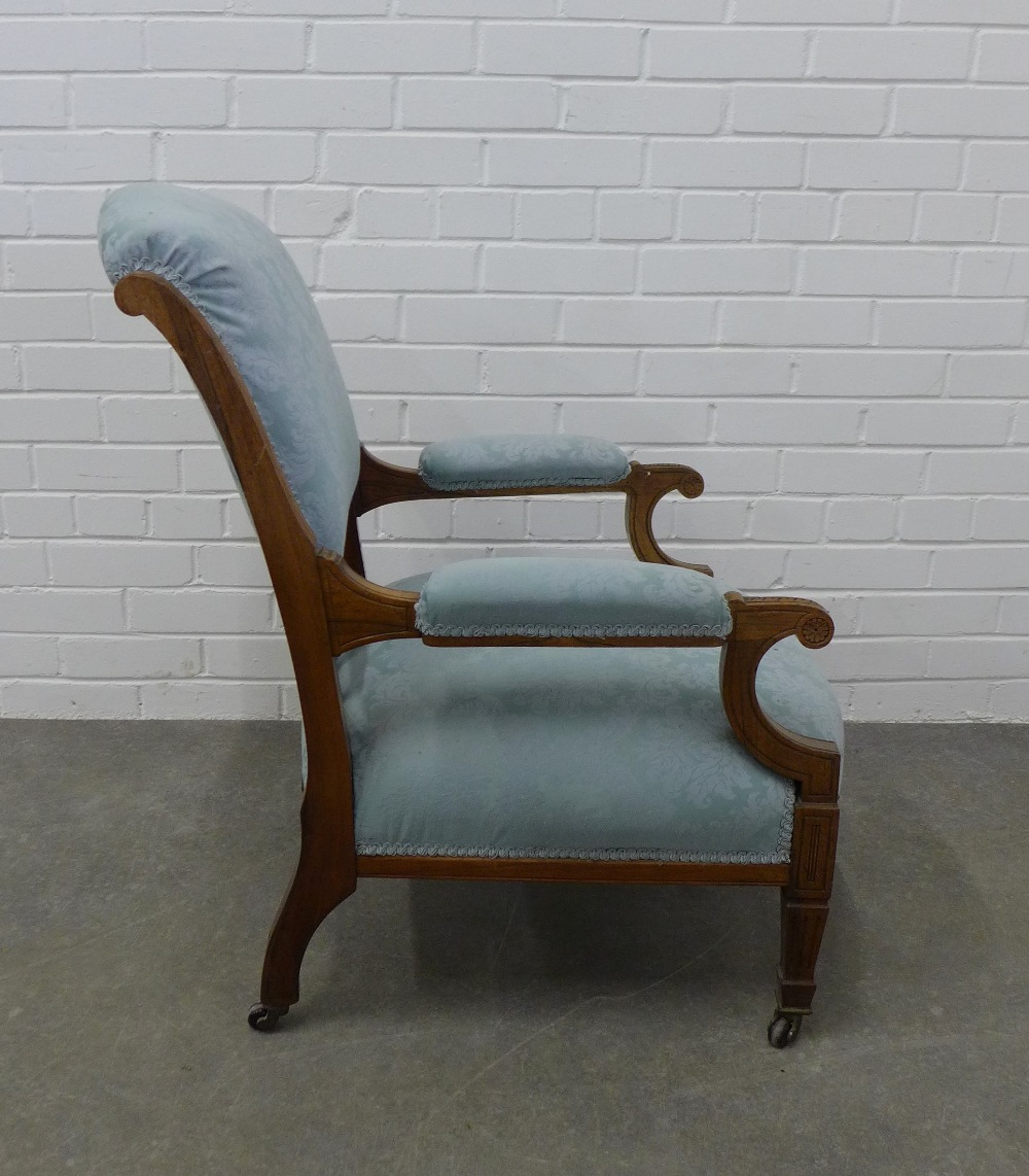 Late 19th / early 20th century mahogany framed armchair with pale blue damask upholstery, with - Image 3 of 3