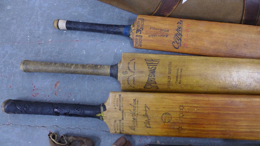 A vintage collection of cricket related items, includes three bats, a ball, shoes and books, - Image 2 of 3