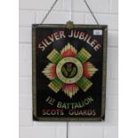 Silver Jubilee 1st Battalion Scots Guards framed glass plaque. 43 x 33cm.