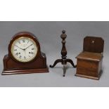 W. Widdop mahogany mantle clock, oak wall mounted salt box and a turned mahogany stand, tripod legs,