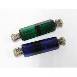 Two Victorian double ended coloured glass scent bottles, one in blue, the other in green and both