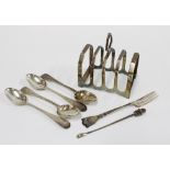 Viners silver toast rack, Sheffield 1934, four Victorian silver teaspoons, Glasgow 1848, a