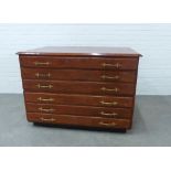 Vintage stained pine six drawer plan chest in two parts, brass handles, 84 x 121 x 84cm overall