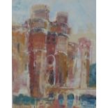 Bernard Rooke (British, b. 1938) a mixed media on card of a castle and bridge, signed and framed