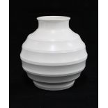 Wedgwood Pottery vase designed by Keith Murray, shape no. 3765, ovoid ribbed form, with KM printed