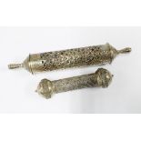 White metal scroll holder of pierced cylindrical form with one detachable end, 20cm long, together
