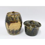 Scottish pottery Barley jar and cover and a Scottish pottery circular pot with cover, 20cm (2)