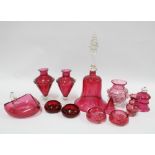 Collection of late 19th and early 20th century cranberry glass to include a large bell, 30cm, vases,