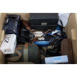 Box of vintage cameras, binoculars, etc (a lot)