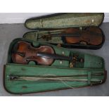 Violin, 30cm back and 56cm overall, with wooden case together with another violin, back is 36cm