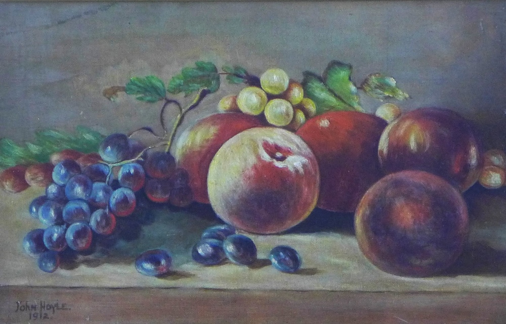 John Hoyle, still life of fruit, oil on canvas, signed and dated 1912, framed under glass, 30 x 20cm