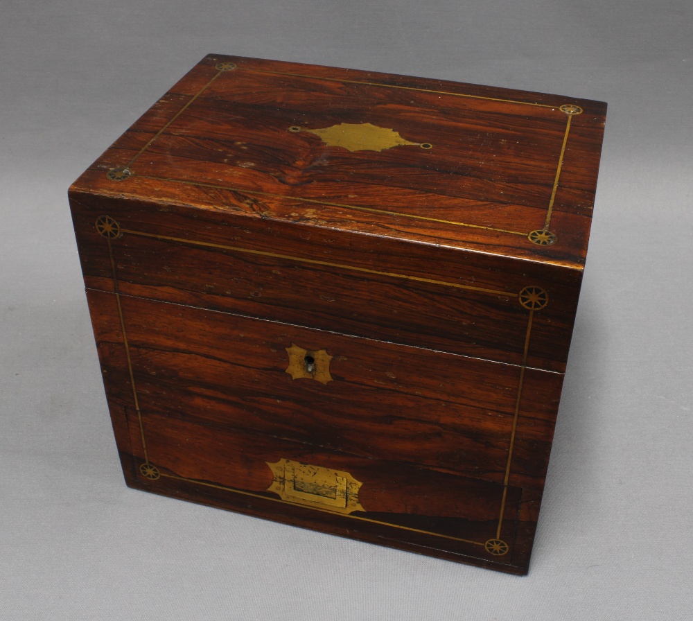 19th century rosewood and brass inlaid decanter box, the hinged lid opening to reveal a set of three - Image 4 of 4