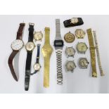 Collection of vintage wrist watches and watch faces and a lady's foliate engraved fob watch
