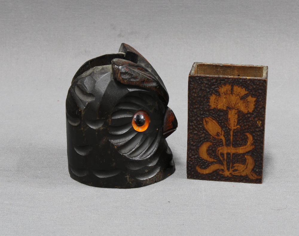 Pokerwork tobacco jar together with two match box holders, one inthe form of an owl. 12cm. (3) - Image 2 of 3