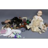 A quantity of dolls house furniture and accessories, a collection of bisque head dolls and a vintage