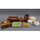 A collection of mixed wooden and hardstone boxes together with a large chinoiserie seal with an