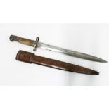 British 1903 Pattern bayonet, grip marked Ayr Yeo, 30cm blade with ER 1903, leather sheaf also