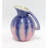 Sylvac Art Deco pottery jug with an angular handle and mottled pink and blue glaze, impressed