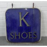 Mid 20th century heavy metal and enamel shop sign saying " K SHOES" on both sides, 70 x 62cm