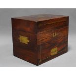 19th century rosewood and brass inlaid decanter box, the hinged lid opening to reveal a set of three