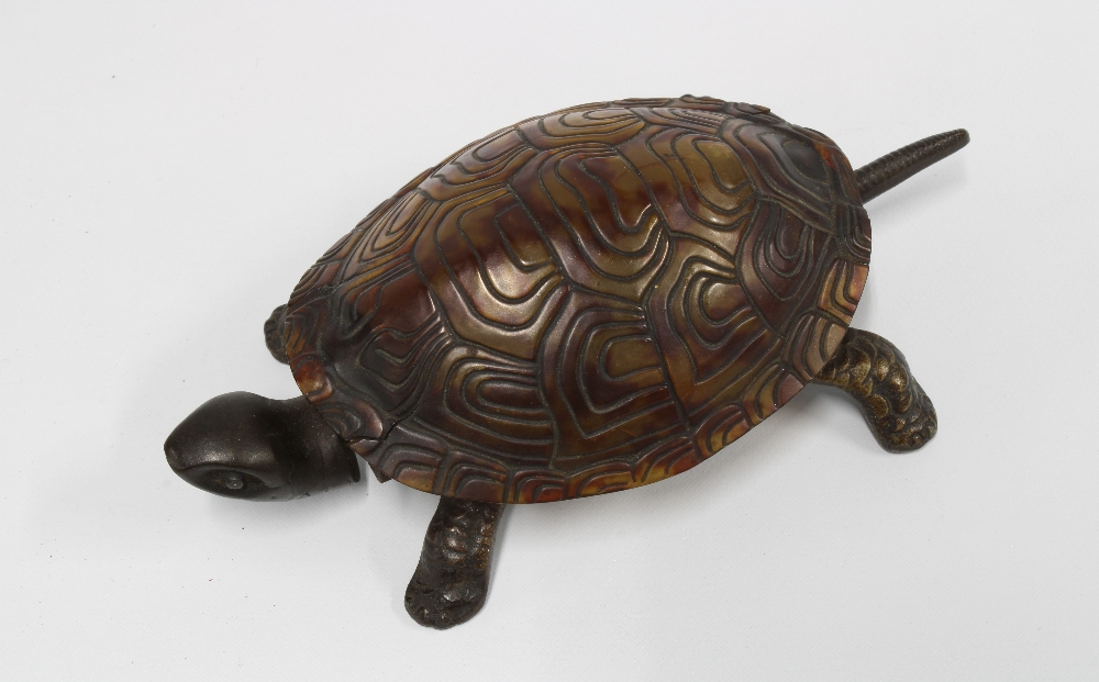 Early / mid 20th century novelty bronze desk bell in the form of a tortoise, impressed 'GSS' to