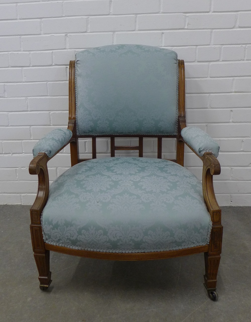 Late 19th / early 20th century mahogany framed armchair with pale blue damask upholstery, with - Image 2 of 3
