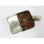 Victorian silver mounted glass and leather hip flask, with an engraved detachable cup and hinged