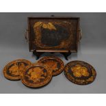 Collection of pokerwork to include a twin handled tray and four circular wall plaques (5)