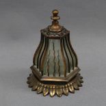 Bronze patinated metal nightlight of hexagonal form, the lantern top with glass panels, on a