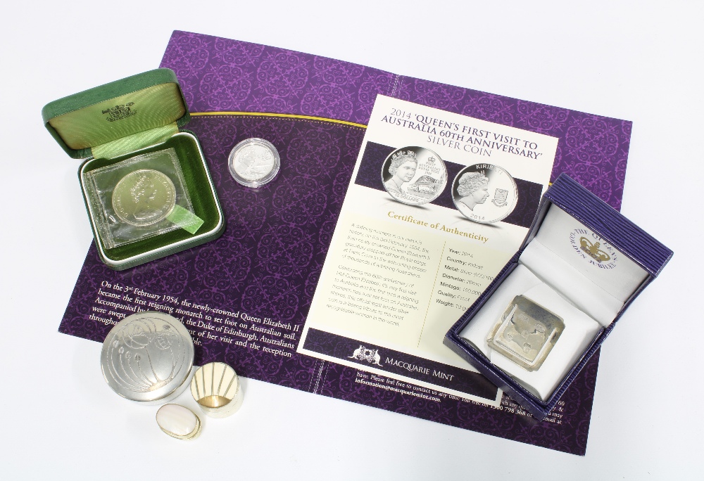 Silver bookmark, London 2002, QEII commemorative crown coin and a Queen's first visit to Australia