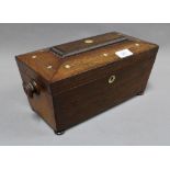 Rosewood sarcophagus tea caddy, hinged lid with abalone inlay, with glass mixing bowl to the
