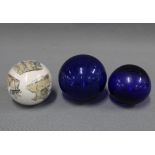 Witches glass ball, the interior with decoupage and two Bristol blue glass witches balls (3)