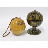 19th century Scottish pottery money bank (a/f) and a Mauchline Strathallan Castle string holder (