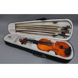 Modern violin with bows, cased