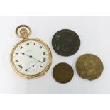 Waltham gold plated open faced pocket watch, George III copper cartwheel coin, and two others (4)