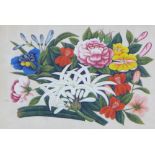 Qing Dynasty 19th century floral gouache painting on pith paper, framed under glass, 30 x 18cm