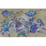 Asian School, gouache on paper depicting a war scene, framed under glass, 27 x 18cm