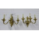 Pair of heavy brass , three branch wall lights. 33 x 40cm. (2)