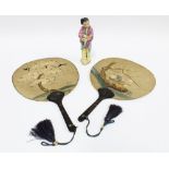Two Japanese embroidered and painted paper fans and a small Chinese polychrome figure (a/f) (3) 36 x
