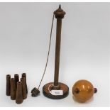 Late 19th / early 20th century turned wood table / bar top skittles games with swinging stand and