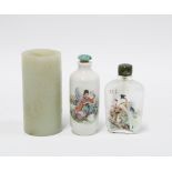 Chinese reverse painted glass snuff bottle, porcelain snuff bottle and a carved cylindrical