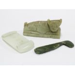 Carved jade buckle, 9cm, jadeite animal and a spinach green jadeite knife (3)