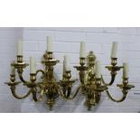 Pair of heavy brass wall lights, five arms with candle sconce 44 x 45cm (2)